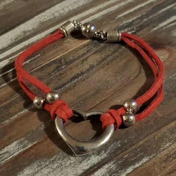 Silver Red Vegan Suede Open Heart Bracelet - Picture 1 of 8
